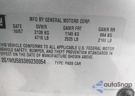 2008 Chevrolet Impala Ltz z USA, uszkodzony, nr VIN 2G1WU583389230054